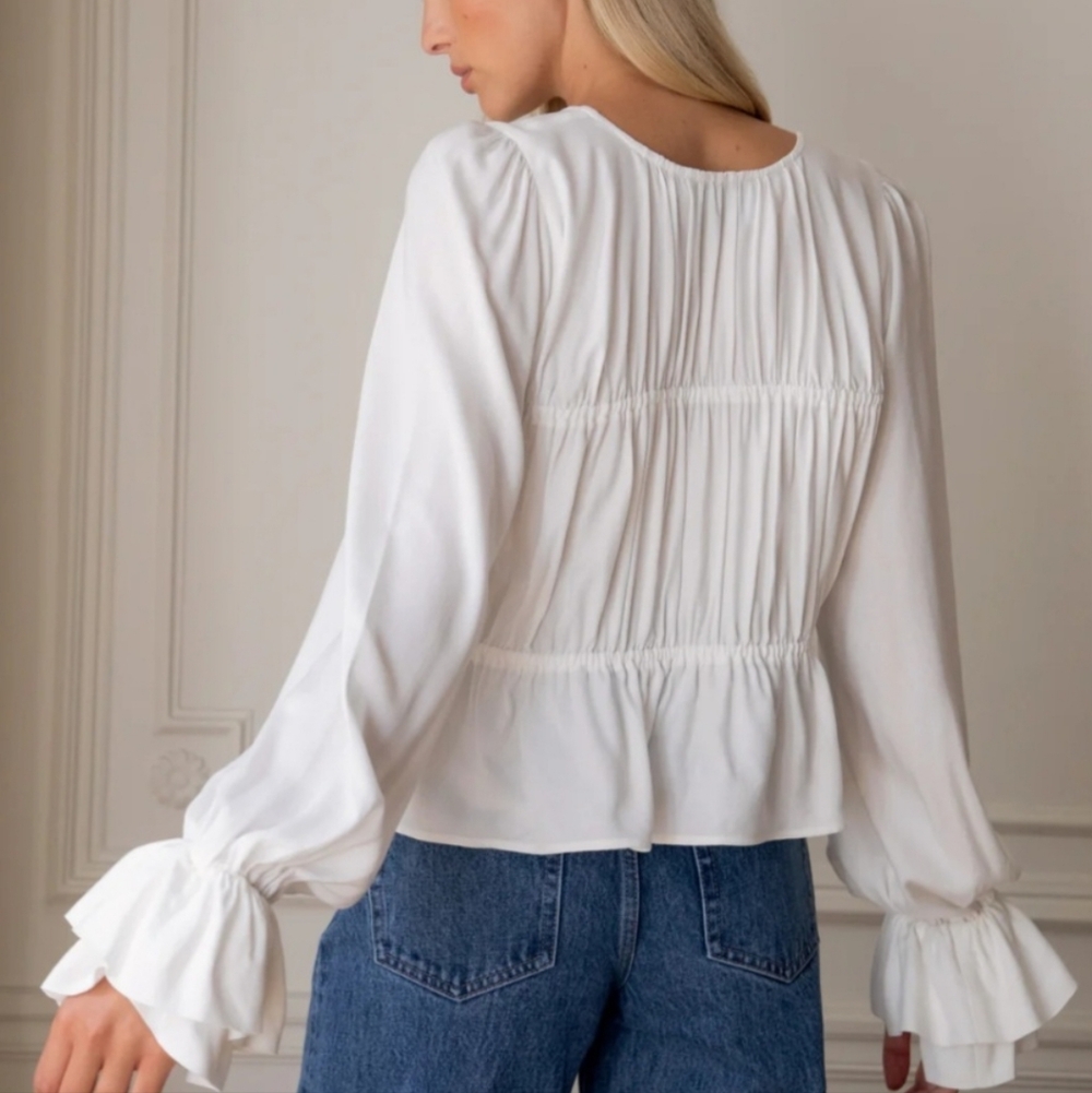 Rosae Paris Le Delaunay Smocked Blouse Ruffled Wrists Meringue, French Romantic - Picture 4 of 15